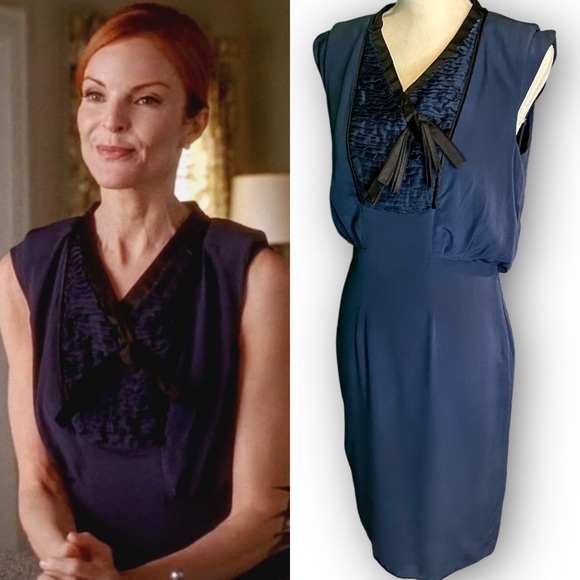 Valentino Navy Blue Pleated Ruffle & Bow Bodice Sleeveless Midi Dress Size 8 - Picture 1 of 16